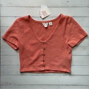 Roxy Coral Cropped Button-Front Waffle Tee